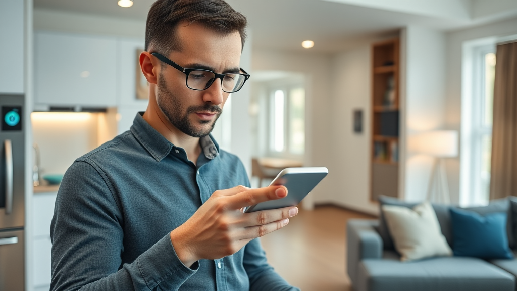 Charlotte apartment with smart home features, resident using smartphone controls in a modern living room
