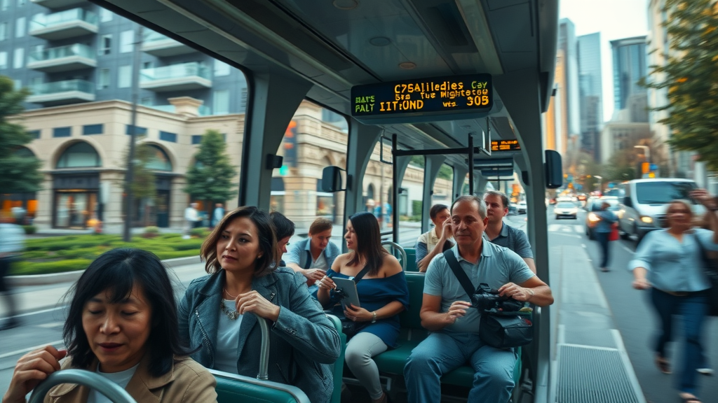 Modern Charlotte tram in downtown with commuters, representing public transportation and cost benefits