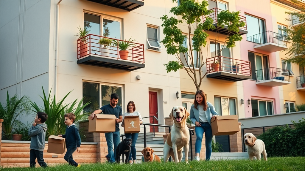 Pet-friendly apartment building in Charlotte arts district with trendy facades, pet owners playing outside, and lush greenery