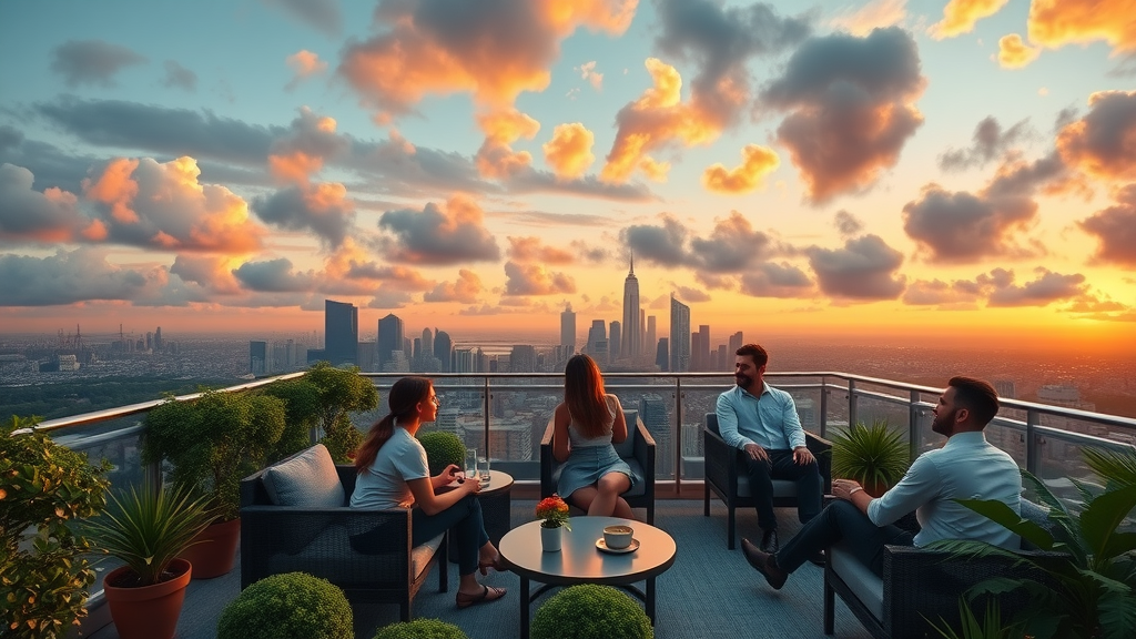 Communal rooftop lounge at Miller and York, financial district housing charlotte, overlooking city skyline