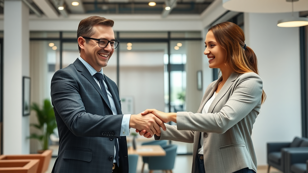 Professional real estate agent shaking hands with a young renter in a modern leasing office, friendly and confident - renting in charlotte financial district