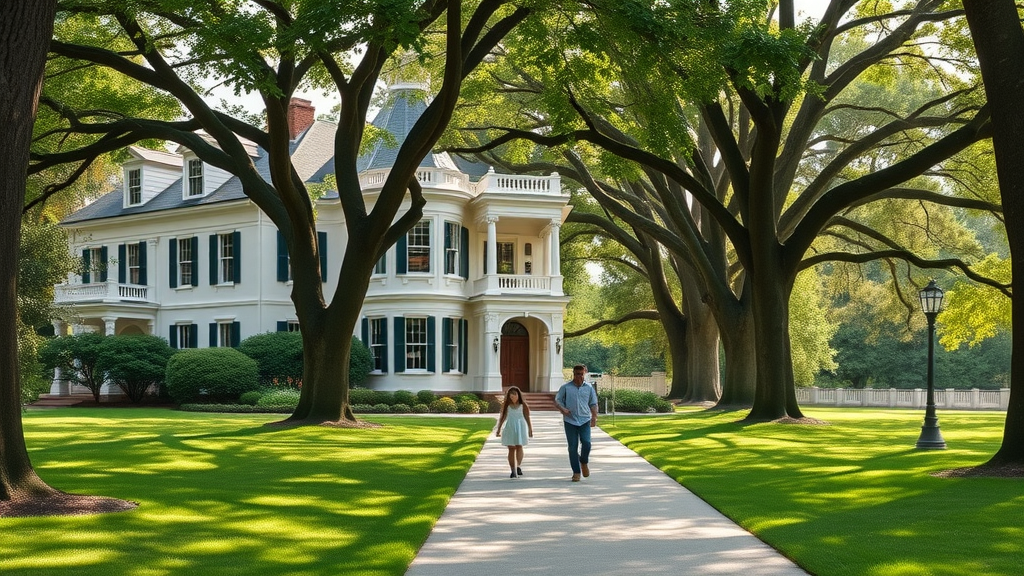 Charming historic mansion and a family at play in Myers Park Charlotte, grand colonial homes, ancient oak trees, lush lawns, photorealistic with soft daylight.