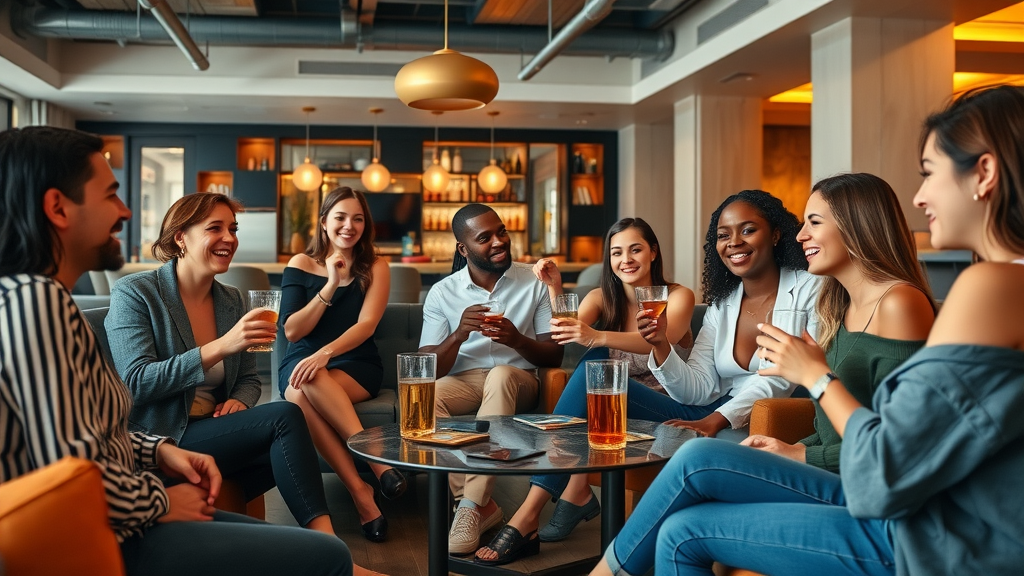 Vibrant luxury Charlotte NC apartment amenities space, modern lounge, diverse residents enjoying bar and games