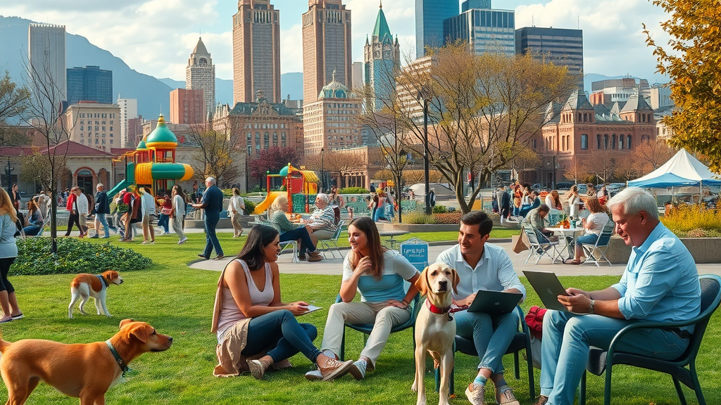 Charlotte neighborhood park with safe community, cafes, and families relaxing