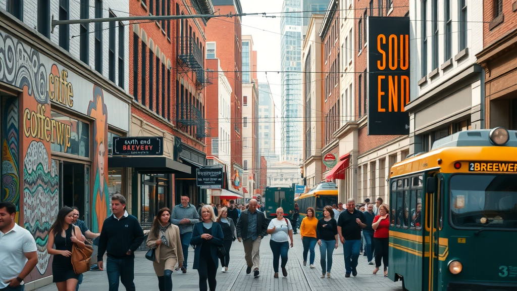 dynamic South End street scene, people walking, street murals, coffee shops and brewery patios, highly walkable Charlotte neighborhood, urban vibes