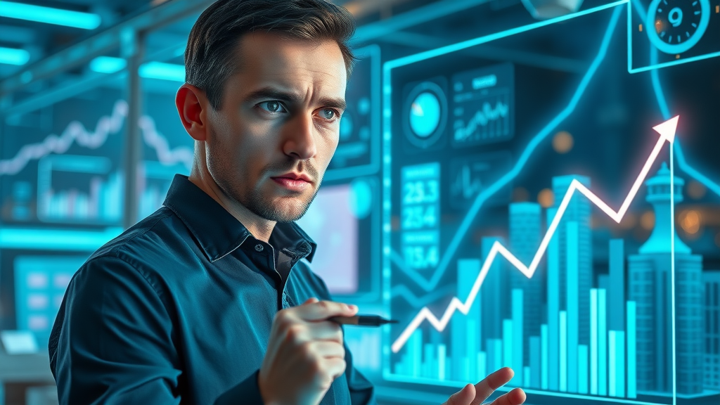 real estate analyst studies data on Charlotte home prices, digital charts showing trends in blue neon, pondering expression