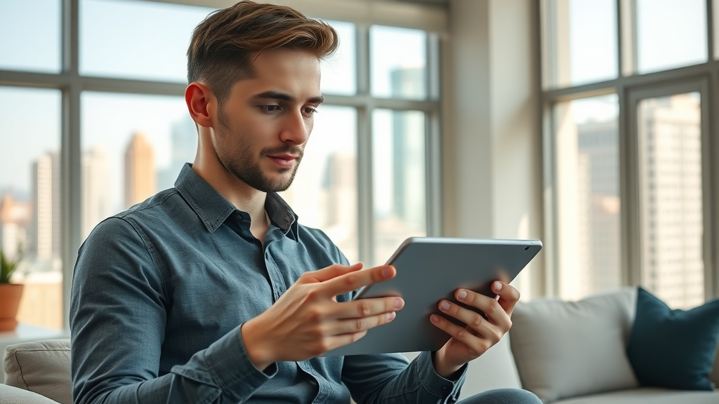 Modern apartment interior with a young professional comparing Charlotte rent prices on a tablet