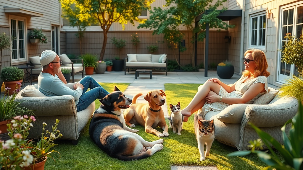 pet-friendly apartments Charlotte, shared sunlit courtyard with dogs and cats lounging, neighbors enjoying green pet area, tranquil and harmonious, detailed and photorealistic