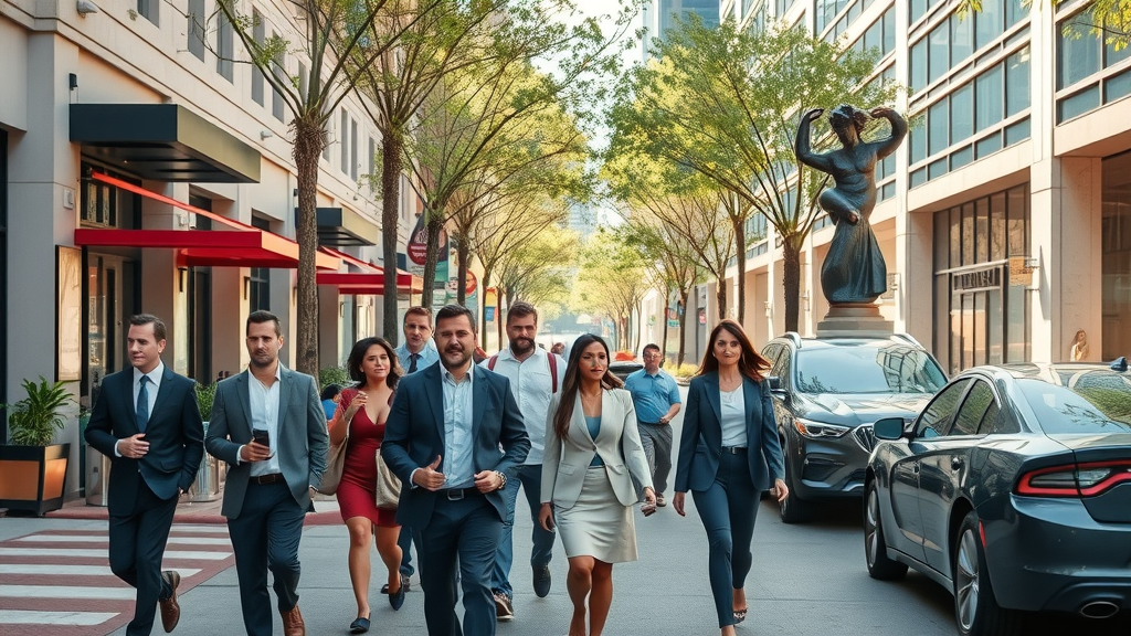 Elegant Uptown Charlotte streetscape, professionals passing upscale restaurants and luxury apartment buildings, lively urban vibe