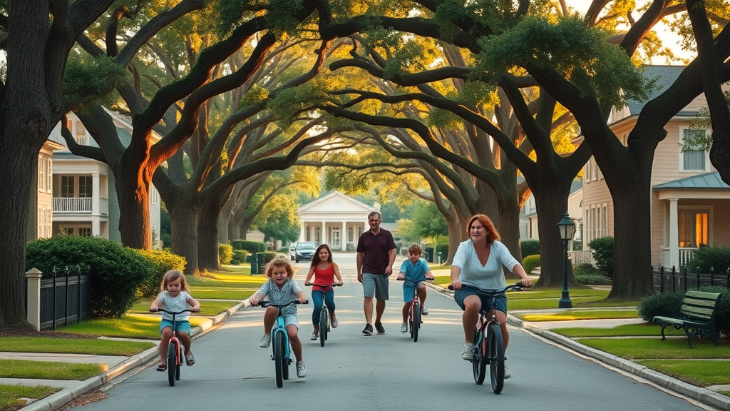 picturesque historic Myers Park street with families, family-friendly neighborhoods charlotte, biking and classic homes, leafy sidewalks