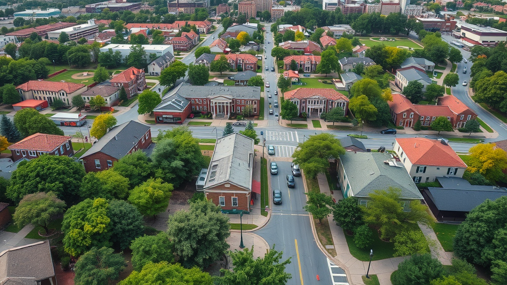Aerial view of Charlotte neighborhoods, vibrant atmosphere, cityscape with tree-lined streets and urban green spaces, charlotte neighborhood reviews