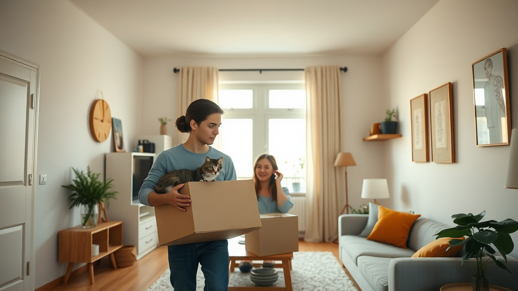 Bright affordable apartment Charlotte, young couple and cat exploring open-plan living space, modern fixtures, pet-friendly amenities