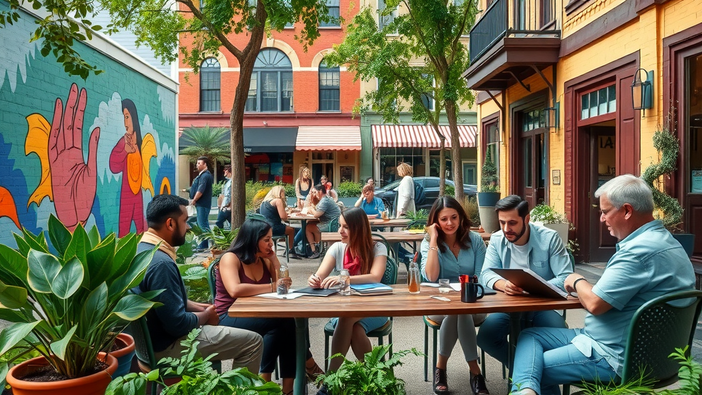 colorful streetscape of Plaza Midwood, diverse group of artists at mural-covered indie cafe, best neighborhoods for apartments in charlotte