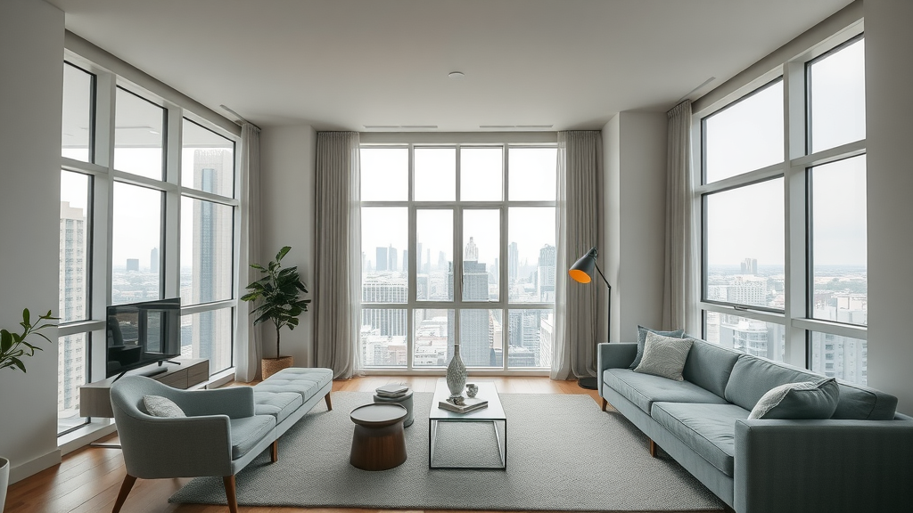 modern studio apartment in downtown Charlotte with minimal decor, cityscape view, open layout, and clean furnishings