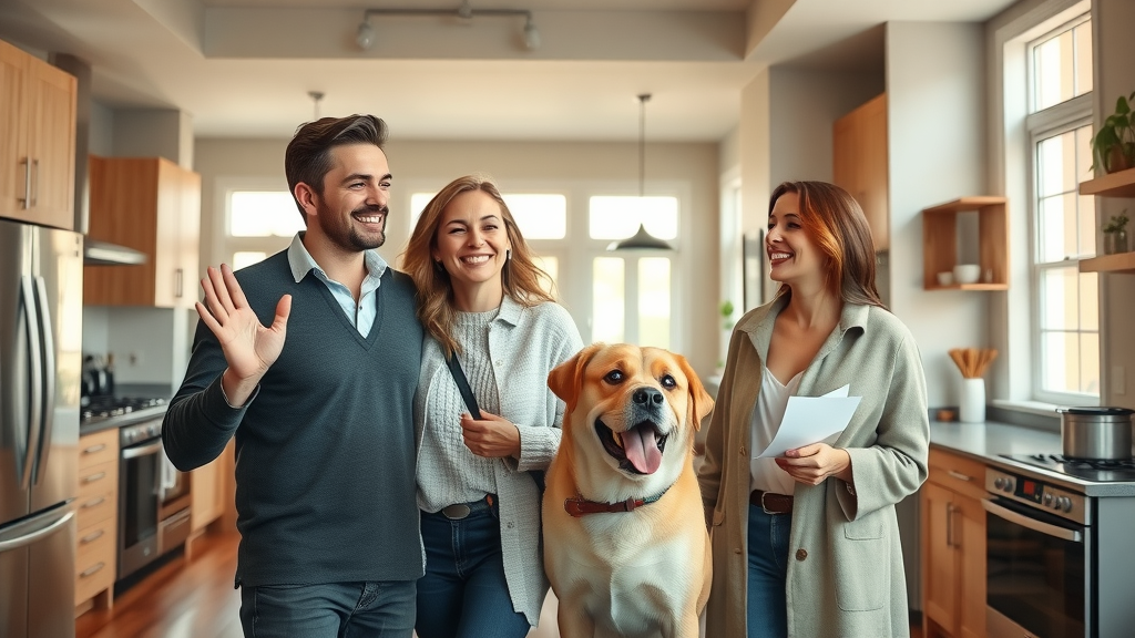 Couple with pet dog touring a luxury apartment open house in Charlotte, impressed by modern kitchen
