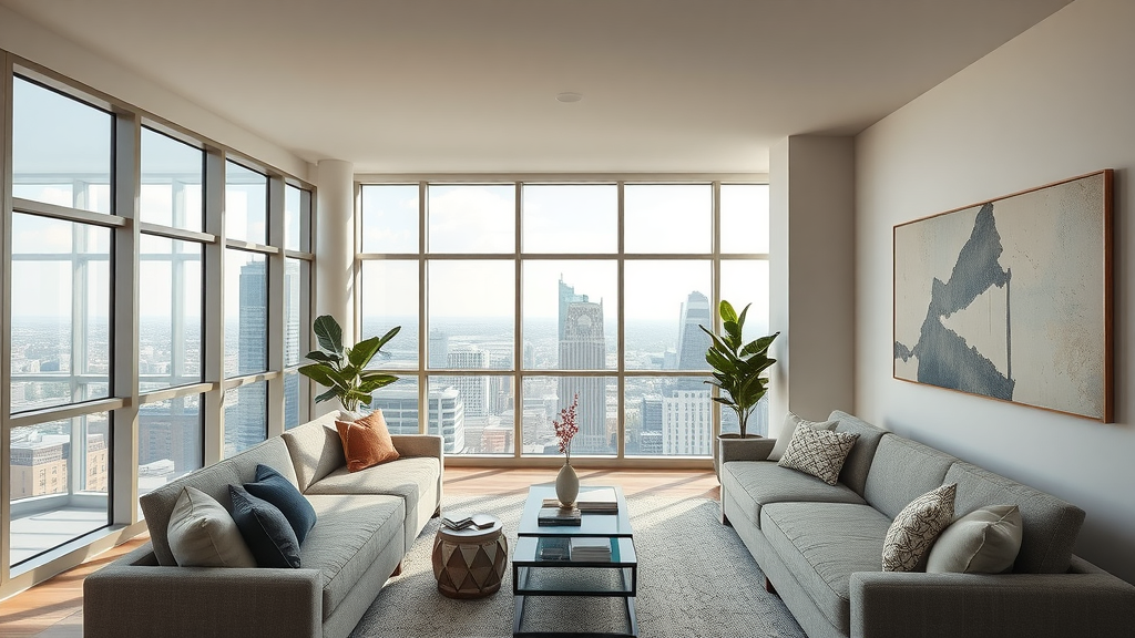 Modern luxury apartment interior in Uptown Charlotte, panoramic city views through large windows, bright and welcoming - uptown charlotte rent