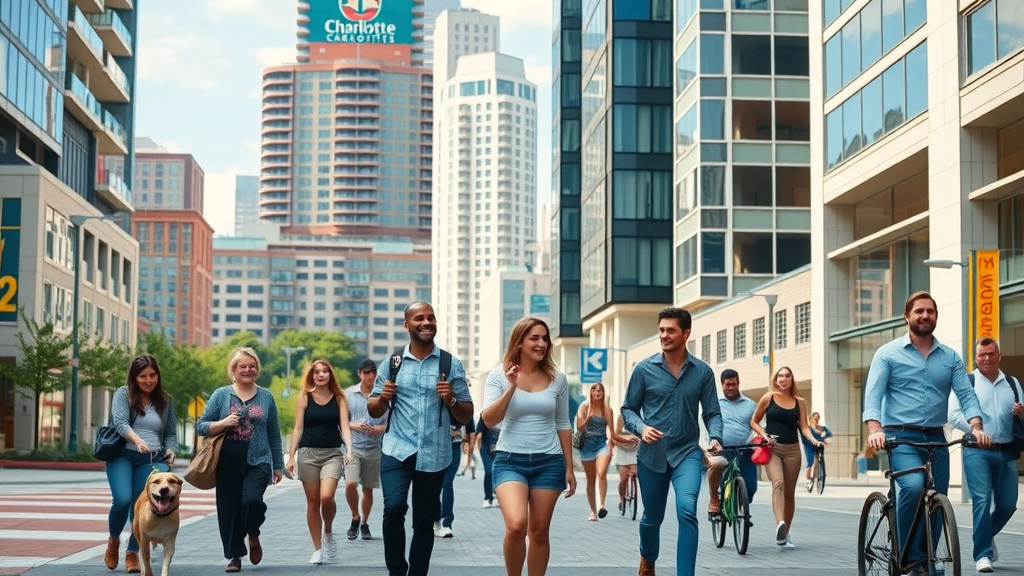 Apartment neighborhoods Charlotte NC vibrant cityscape with people walking, modern urban streets, Charlotte skyline, and branded apartments in the background, people with dogs and bikes, crisp and colorful, bright daylight.