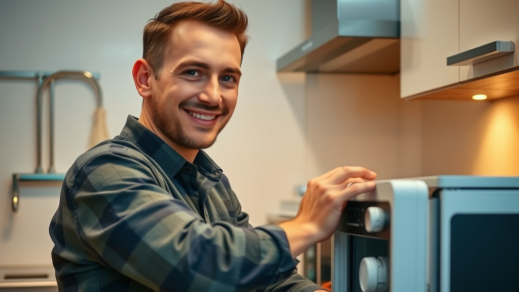 Friendly maintenance technician fixes appliance in modern Charlotte NC apartment kitchen, apartments with amenities Charlotte NC
