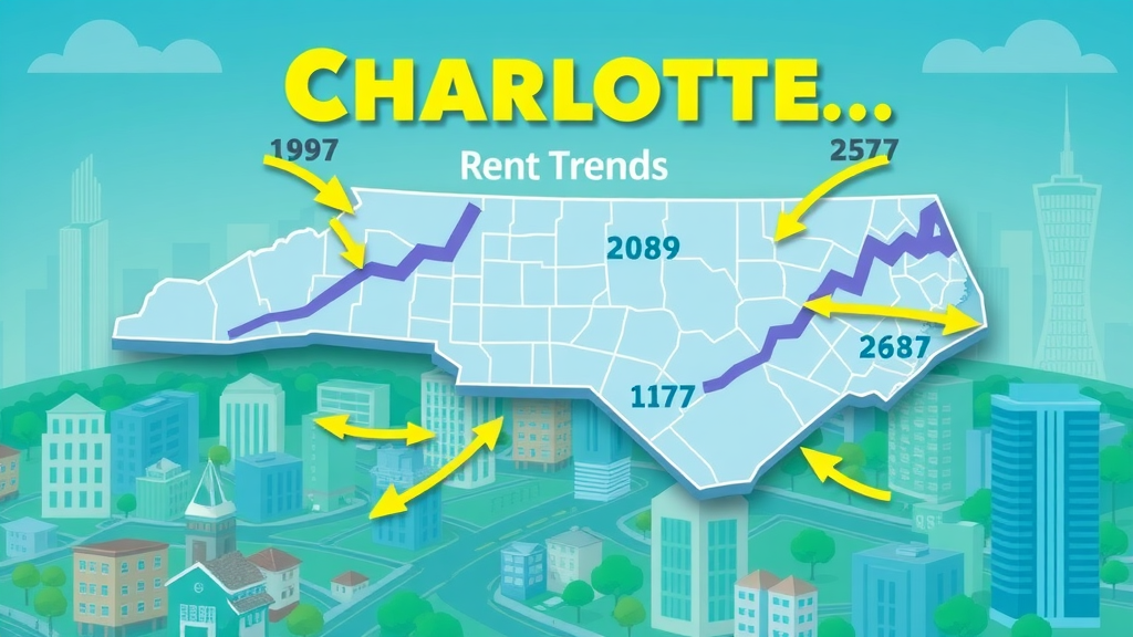 Infographic map comparing affordable apartments Charlotte rent trends with North Carolina averages, dynamic arrows, blue and green highlights