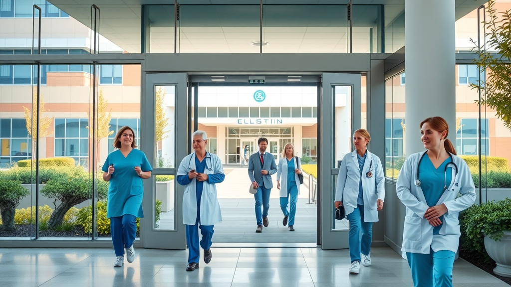 Healthcare in Charlotte NC, modern hospital with workers and patients, healthcare options