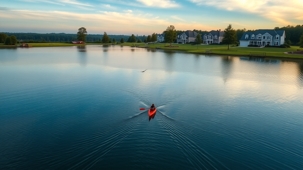 Lakefront view in Tega Cay Charlotte neighborhood, known for low crime