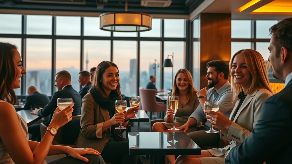 Elegant modern apartment lounge bar Charlotte NC, professionals socializing, upscale city skyline view