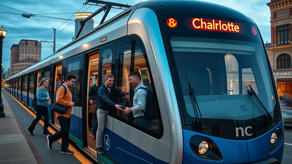 modern light rail train in Charlotte NC urban living, passengers boarding, city skyline at dusk, dynamic urban transport