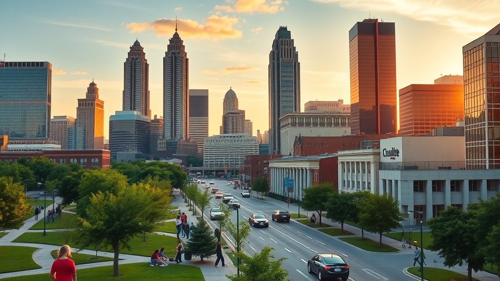 Vibrant Charlotte cityscape with energetic locals enjoying bustling uptown, skyscrapers, green parks, warm sunset - charlotte nc lifestyle