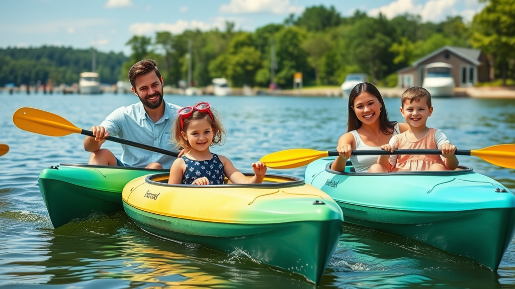 Lake Wylie Charlotte neighborhood families kayaking and picnicking by the water