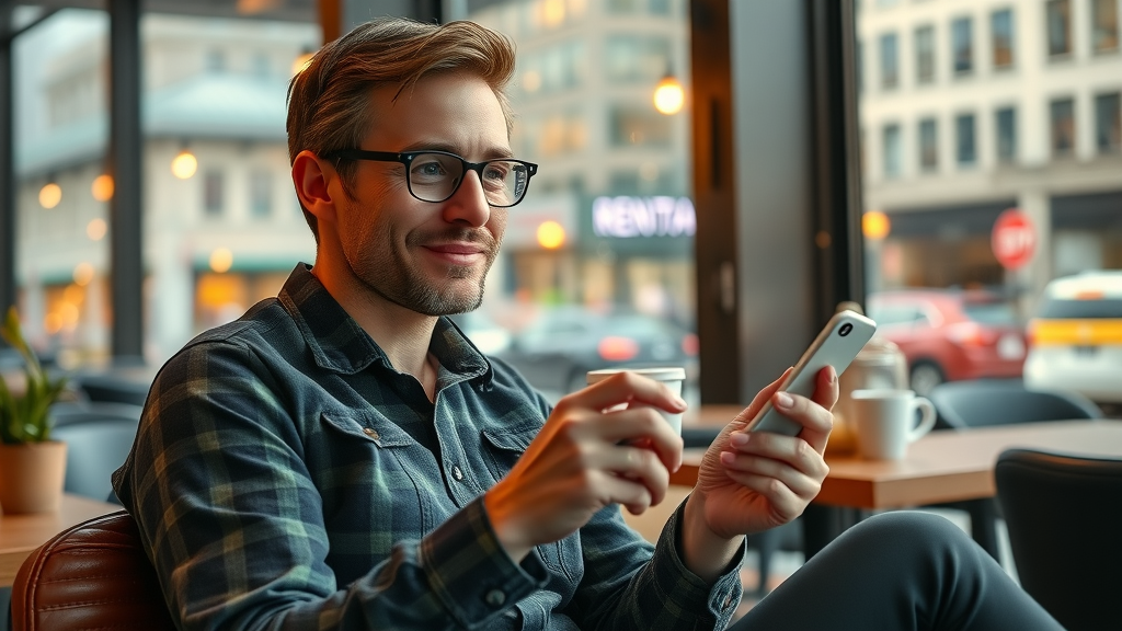 confident traveler coffee shop searching short-term rentals charlotte on smartphone glowing amenities icons