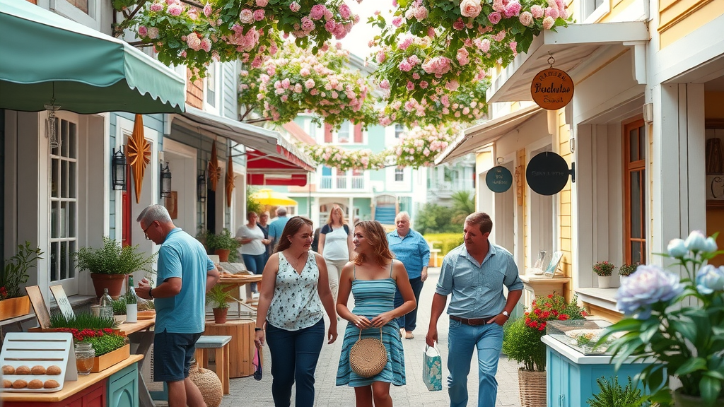 Charming Oak Island, NC local market street, families browsing artisan stalls and beach cottages in pastel colors, blooming flowers, diffused daylight, lively and welcoming vibe