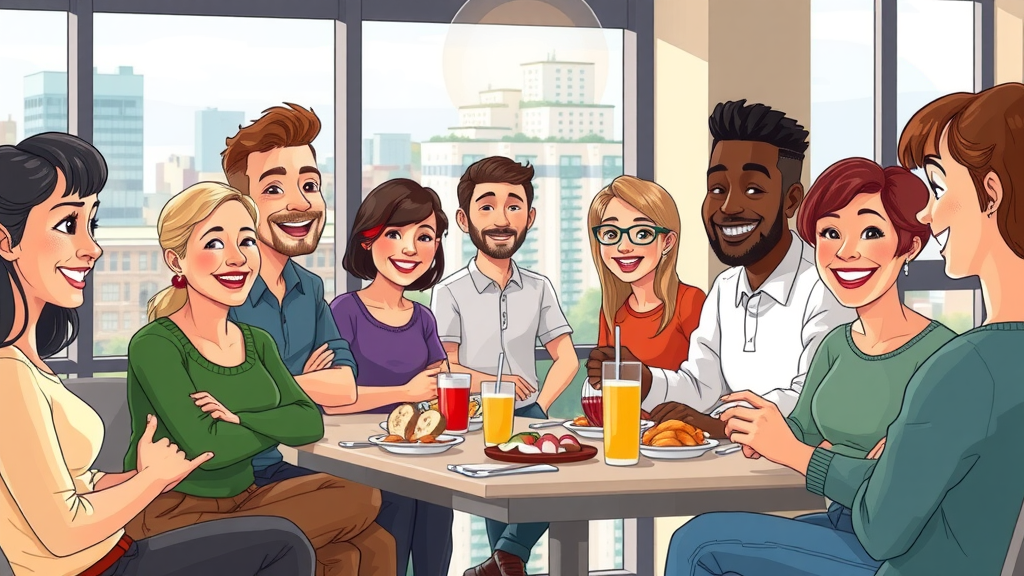 friendly apartment community event with diverse residents socializing in a modern space overlooking Charlotte skyline
