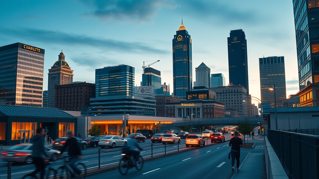 modern urban view of Uptown Charlotte at dusk, skyline, living in charlotte neighborhoods, busy city streets, high fidelity, people walking, cycling