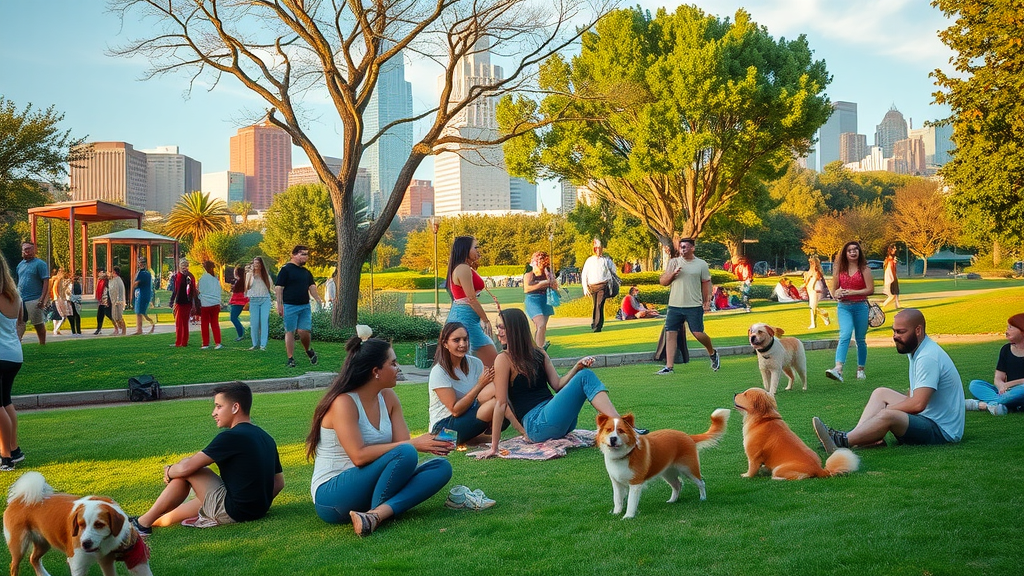 Charlotte North Carolina apartment seekers enjoying lively urban park, with skyline and green spaces in the background.