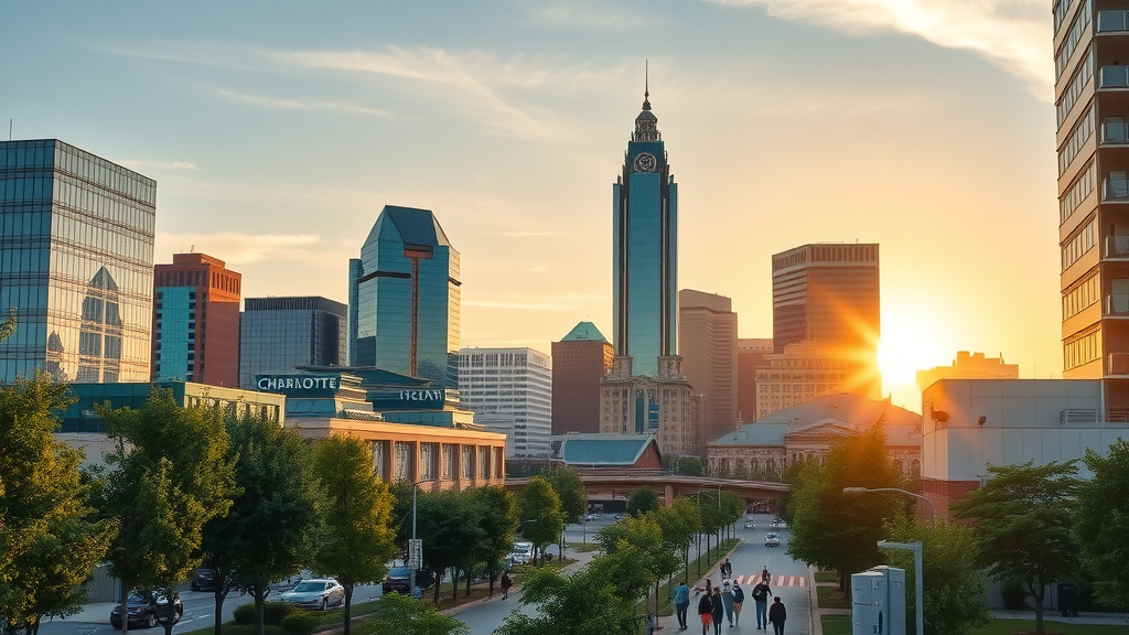 charlotte nc apartment listings vibrant modern cityscape, Charlotte NC skyline at sunrise, bustling street life, glass-clad apartment buildings, downtown with trees, people walking dogs, golden hour natural lighting, wide-angle view