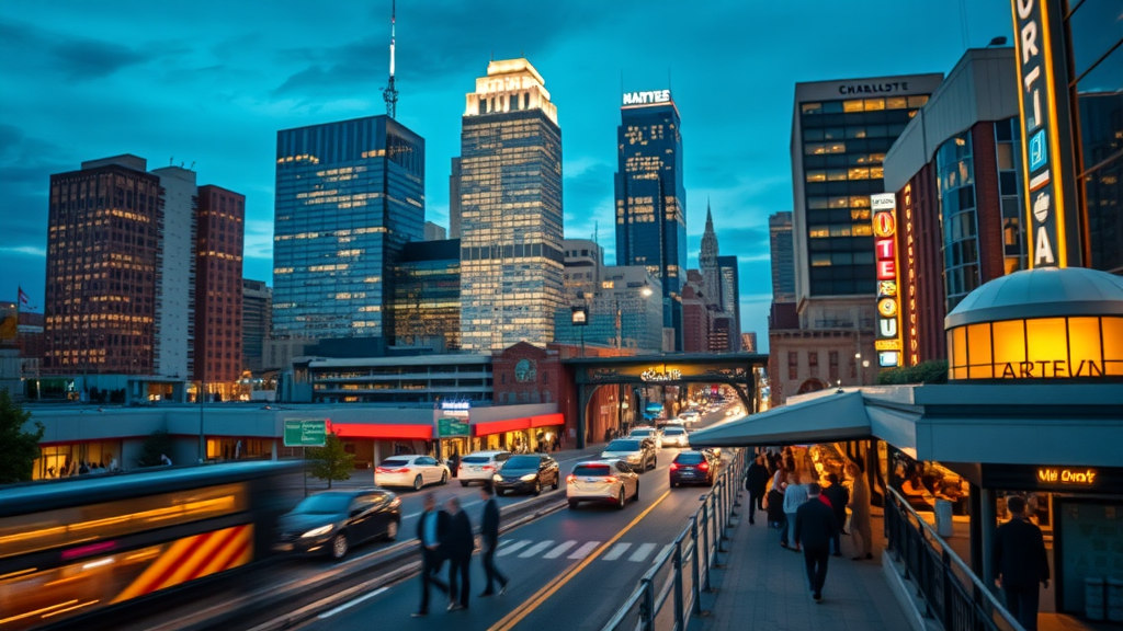 uptown charlotte neighborhoods, modern condos nightlife, restaurants, evening city energy skyline