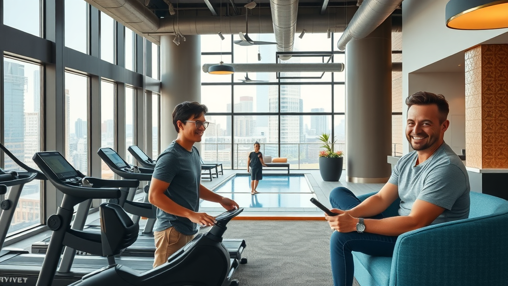 luxury amenities in a Charlotte loft building, contemporary lounge, residents in fitness center and rooftop lounge, views of skyline, stainless steel appliances, modern urban apartment living