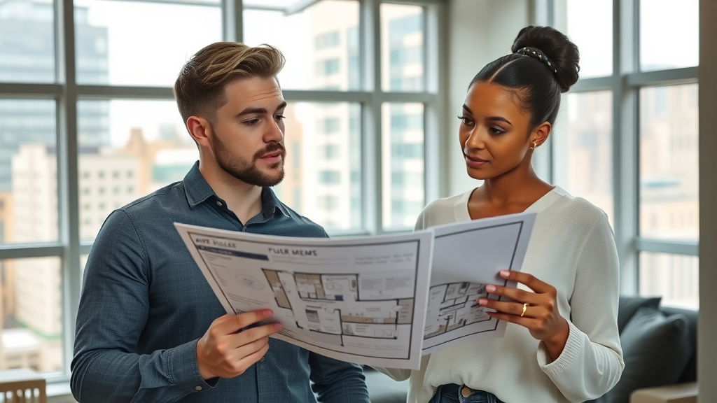 young professional couple evaluates Charlotte apartment floor plans in modern high-rise with skyline view