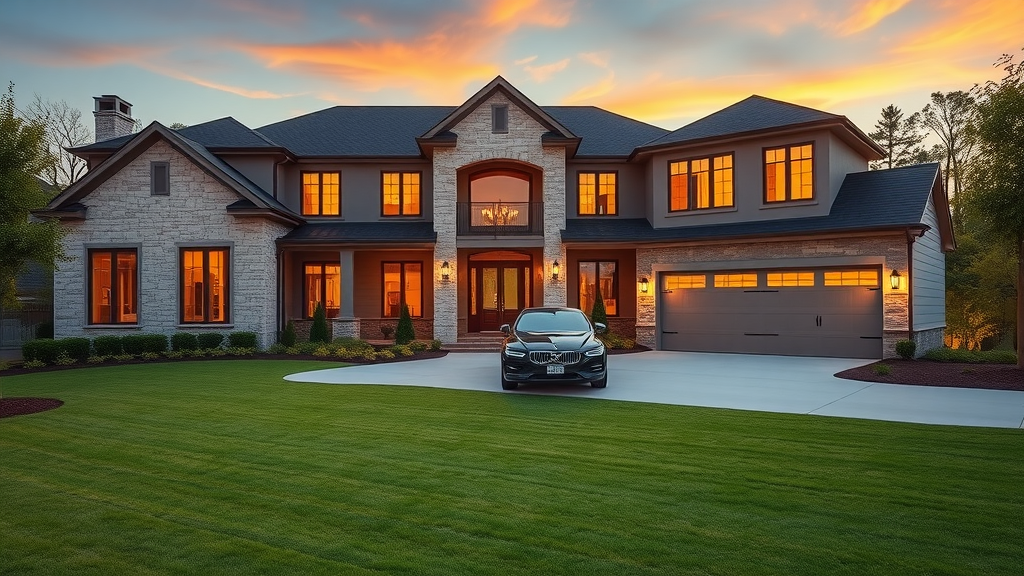 Modern home exterior at sunset in a prestigious Charlotte neighborhood, luxury homes for sale, photorealistic wide-angle