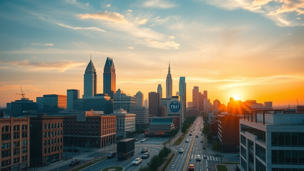 modern Charlotte city skyline, vibrant atmosphere, sunrise over urban buildings, busy city streets with cars and people, charlotte lofts for rent urban lifestyle
