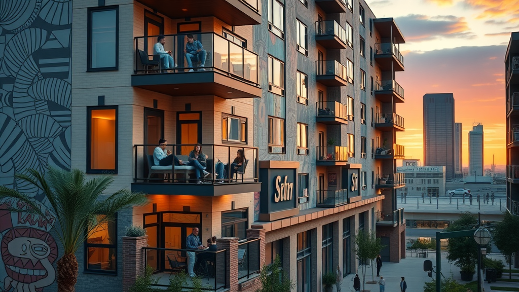 exterior of modern Charlotte apartment building with artistic murals and a bustling cityscape, affordable arts district apartments charlotte, residents enjoying balconies, sunset city life