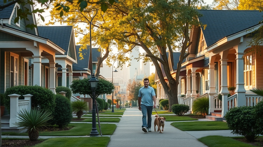 wesley heights charlotte neighborhoods, craftsman bungalows, young couple walking dog, morning light