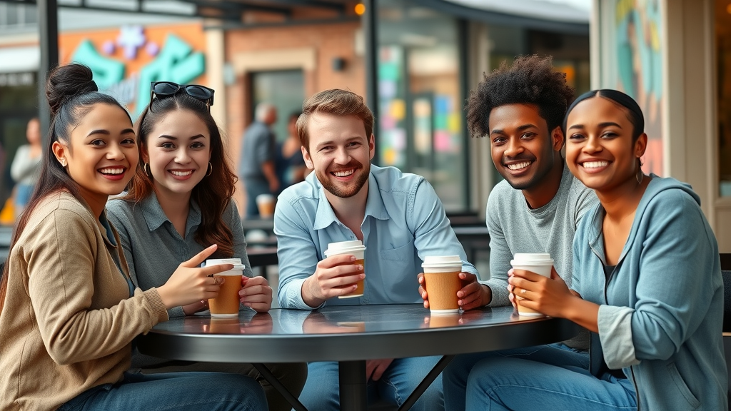 diverse young professionals living in Charlotte, trendy café, urban neighborhood energy