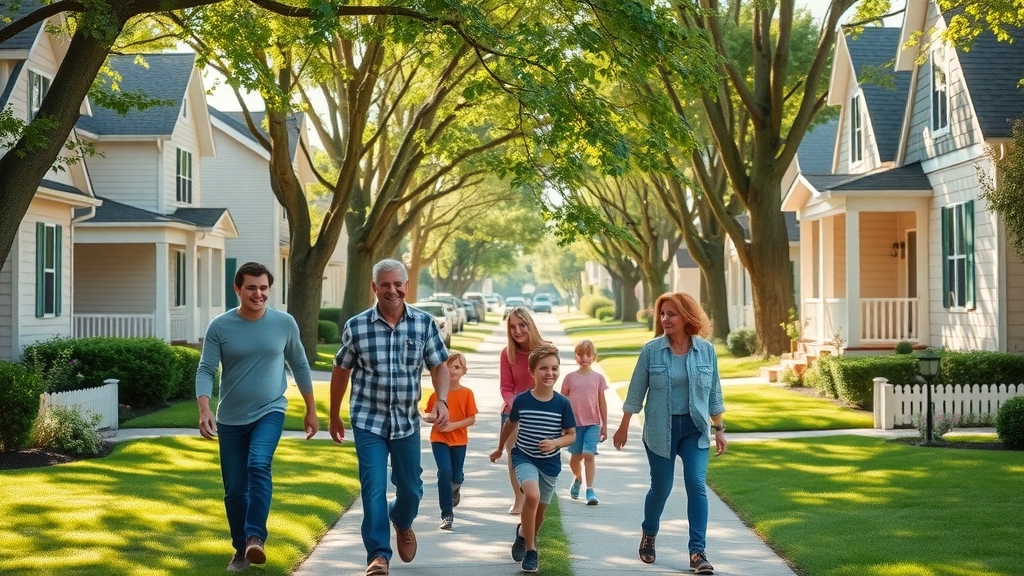 Safe suburbs near Charlotte neighborhood with families, children playing, community gathering, tree-lined street