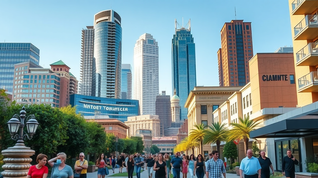 Vibrant cityscape of uptown Charlotte financial district with luxury apartments and bustling life