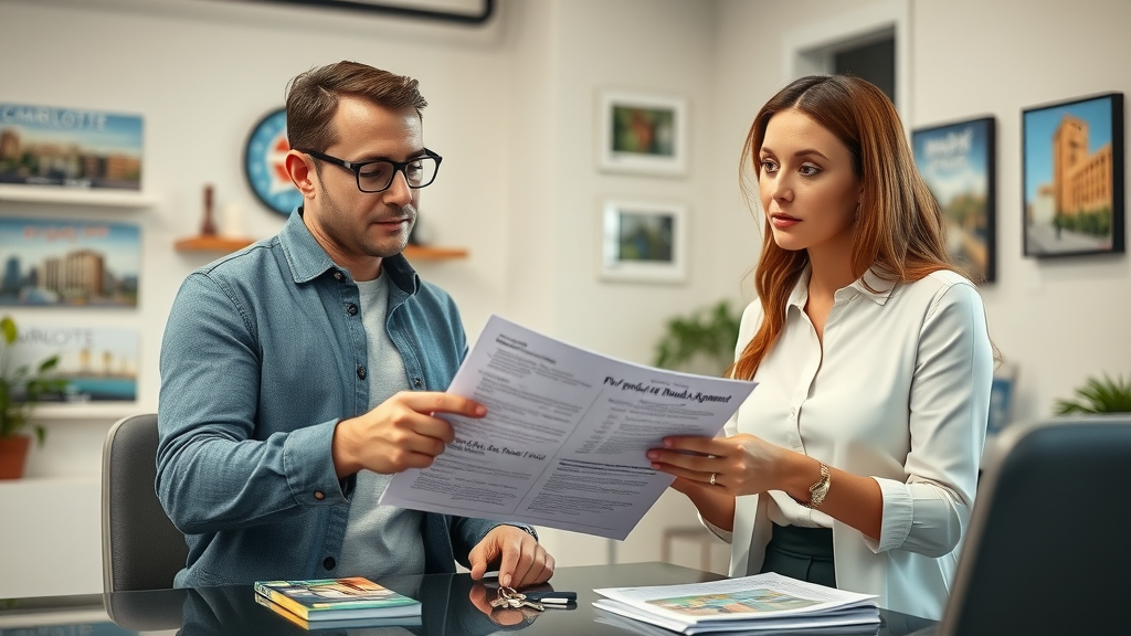 Charlotte tenant and property manager reviewing rental agreement for apartment in Charlotte