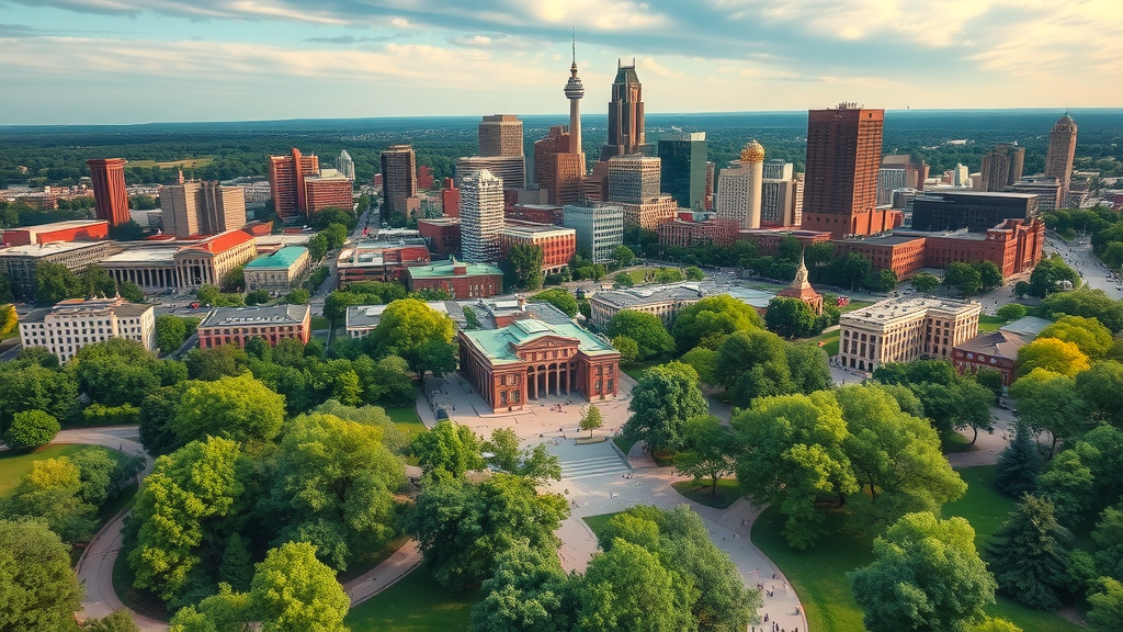 Vibrant aerial view of Charlotte, North Carolina, city skyline rising above lush parks and green spaces, Queen City local amenities, photorealistic, daylight