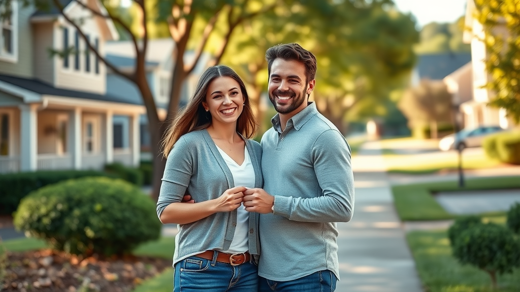 joyful young couple with keys in front of Charlotte home, charlotte real estate, beautiful suburban neighborhood