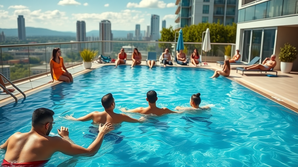 modern apartment pool area, residents relaxing poolside in Charlotte NC, city skyline in background, lush landscaping, clear blue water, families and friends socializing