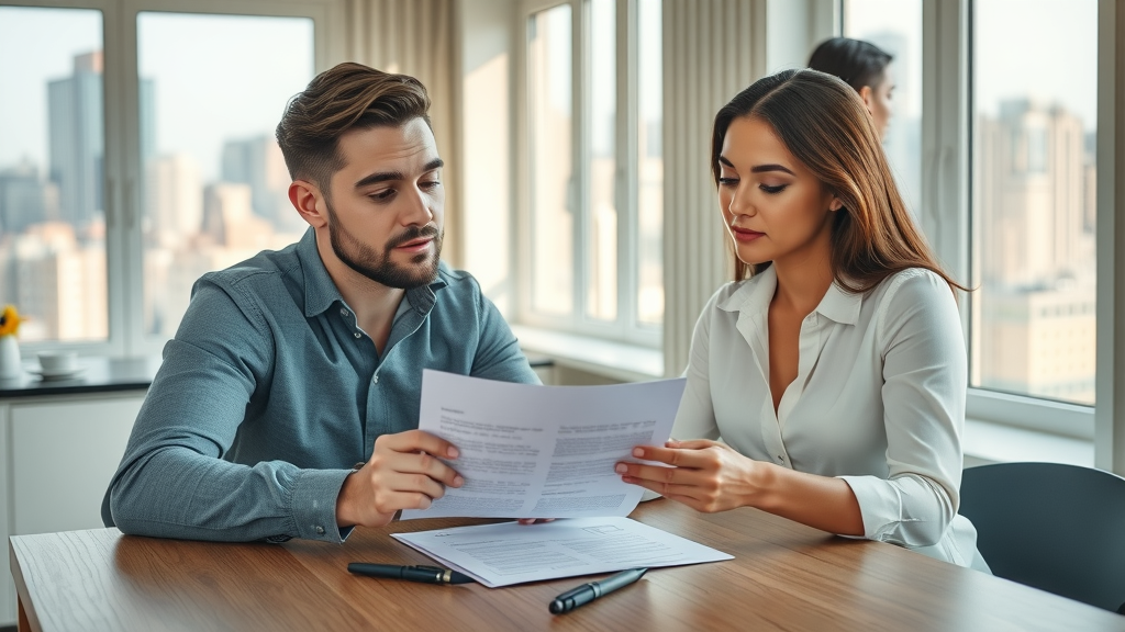 young couple reviewing charlotte nc lease agreements in sunlit apartment, city view